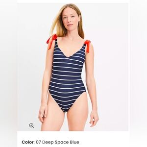LOFT Beach Striped Plunge Bow Tie One Piece Swimsuit